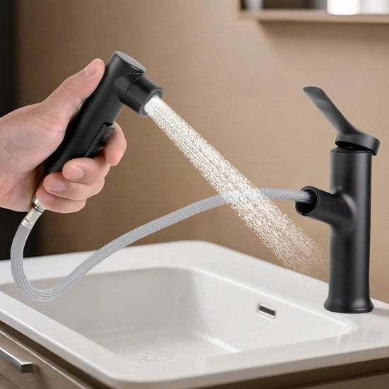 Wastafel con rubinetto con spruzzatore estensibile - Rubinetto a miscela per acqua calda/fredda - Rubinetto per bagno - Nero - Emissione rotante