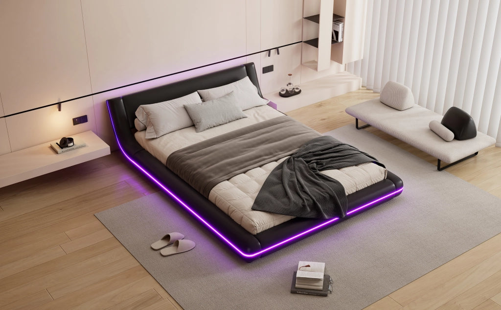 DESMIU Letto basso 140 × 200 cm 2 posti con LED regolabile, senza materasso, in PU, nero