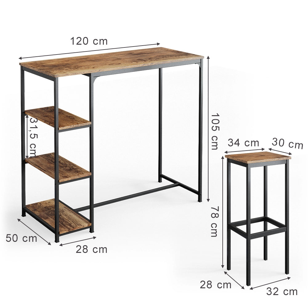 Vicco Tavolo bar con sgabelli Legno antico 120 x 50 cm con ripiani e 2 sgabelli da bar