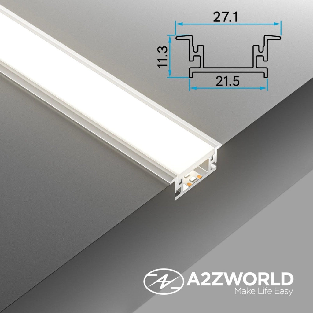 Kit Profilo Alluminio Completo Da 2 Metri Per Striscia Led, Larga Da Incasso, Dimensione 27.1X11.3mm, Larghezza Interna 12mm, 224g/m, Copertura Opale, Tappi Chiusura e Clip Fissaggio Incluso