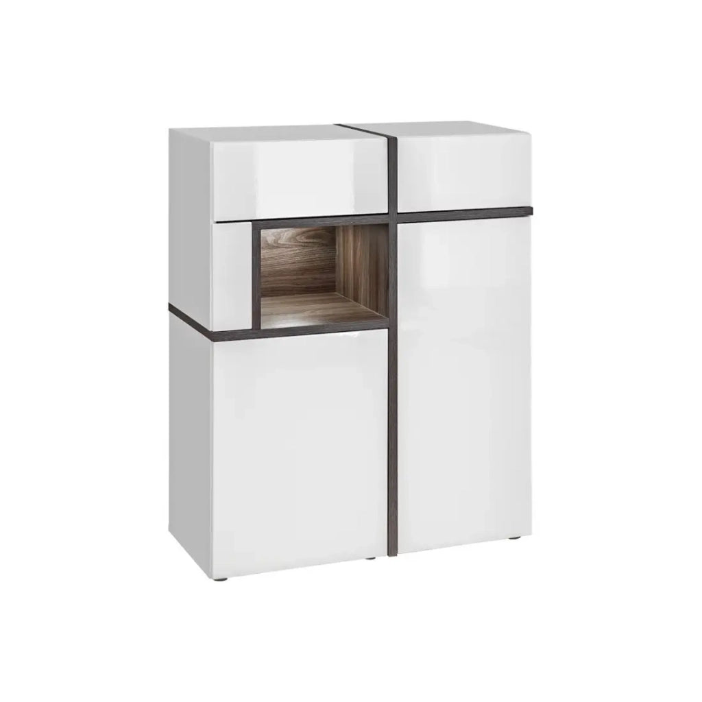 Vetrina bassa CRISS – 2 porte, 2 cassetti, nicchia LED – Bianco lucido e marrone