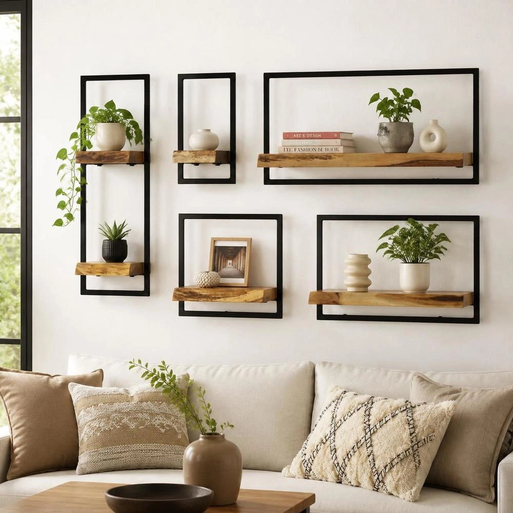5-piece Wall Shelf Set, Solid Acacia Wood And Steel