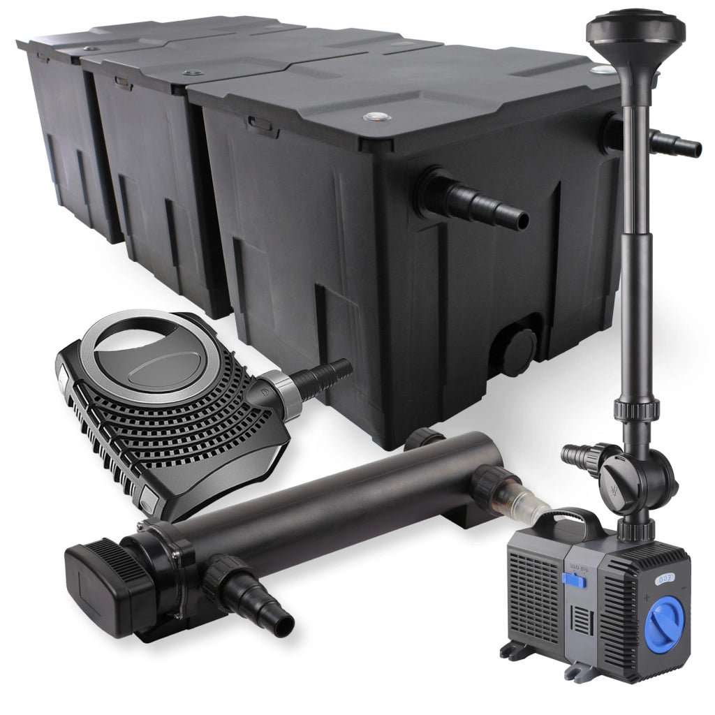 Set Filtro a 3 camere laghetto 90000l con Chiarificatore UVC 36W Pompa NEO10000 80W Fontana