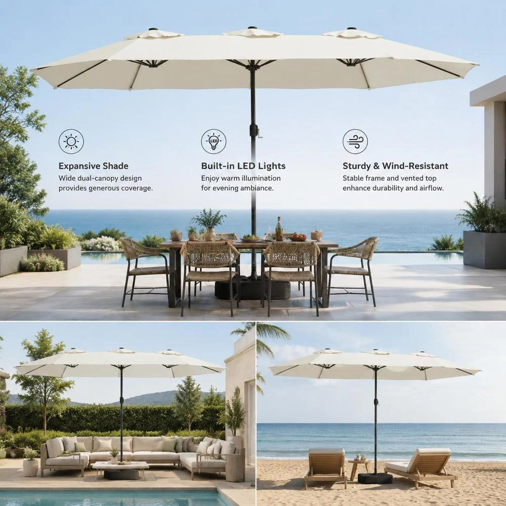 Double Parasol With LED Lights, Sand White, 449x265 Cm
