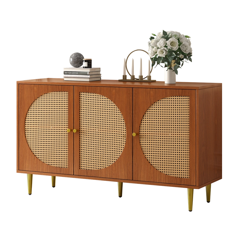 Credenza 3 Ante con Rattan e Maniglie in Metallo ¨C MINIMAL ¨C Noce 129.8x40x76