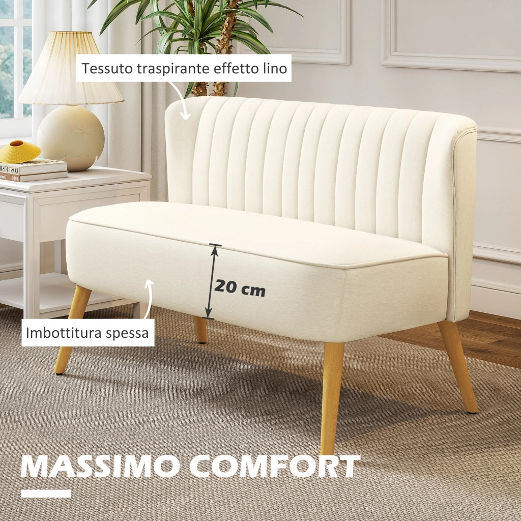 Divano 2 Posti 117x56,5x77 cm Senza Braccioli con Gambe in Legno e Tessuto Effetto Lino Bianco Crema