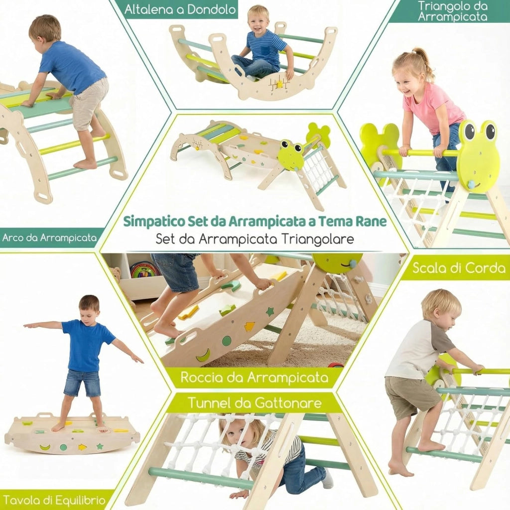 7 in 1 Set da Arrampicata per Bambini, Giocattoli da Arrampicata in Legno con Rampa Scala e Arco, Gioco del Labirinto, Giochi Montessori per Bambini 1 Anni + (Rana 3 Pezzi con Rete, Verde)