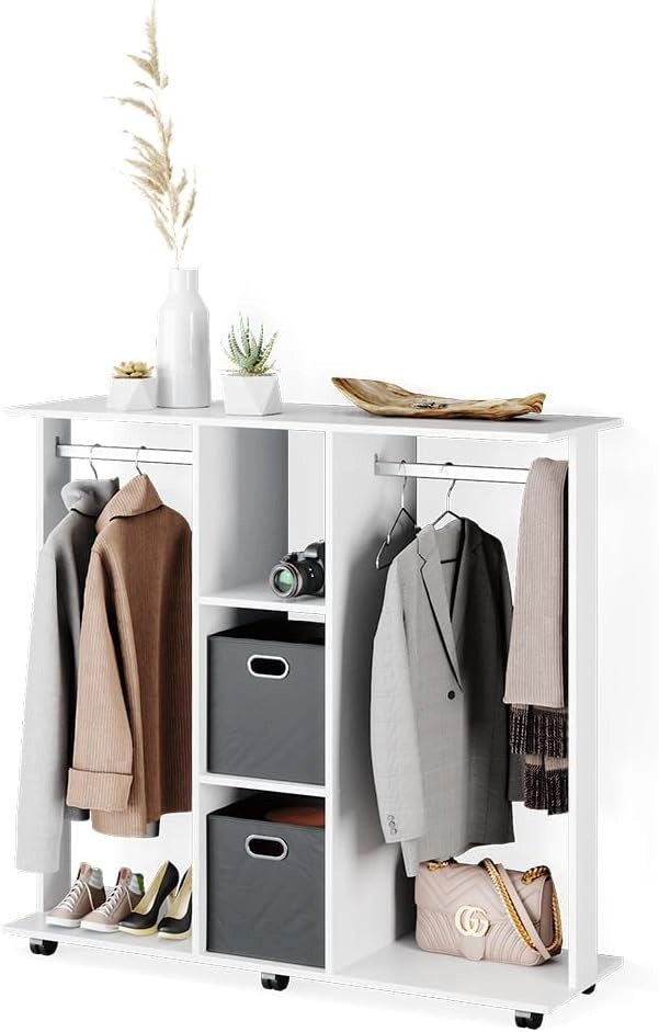 Armadio multifunzione Robbie, Bianco, 130 x 120 cm, su ruote per posizionamento flessibile e facile spostamento