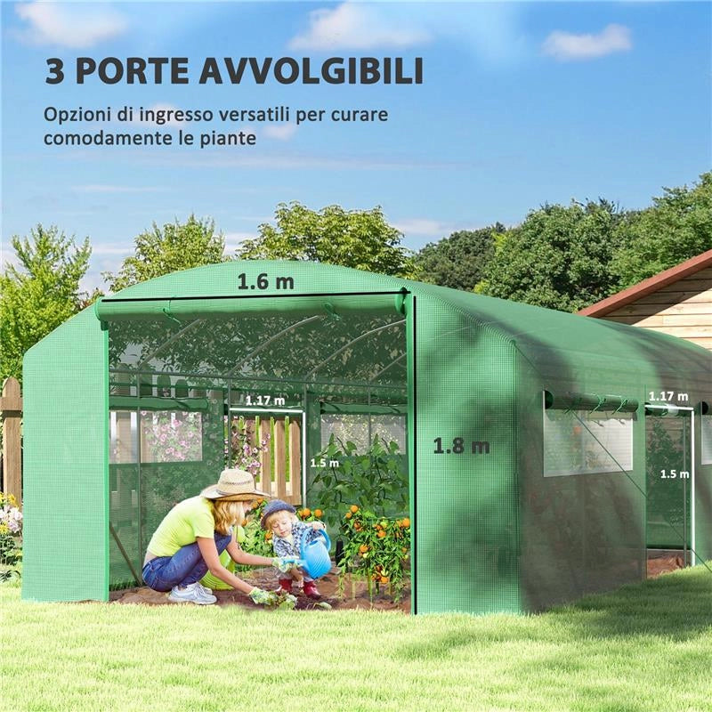 SERRA A TUNNEL CON 3 PORTE AVVOLGIBILI E 6 FINESTRELLE, IN ACCIAIO ZINCATO E PE, 6X3X2 M, VERDE
