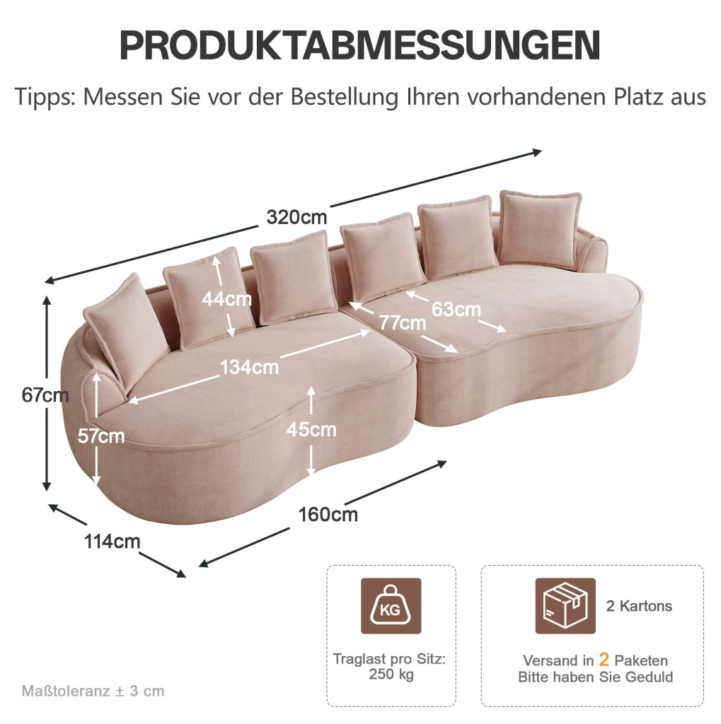 Divano modulare senza struttura in tessuto chenille rosa; con chaise longue profonda e cuscini