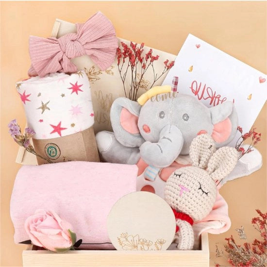 Cesta di Benvenuto per Bambine con Manubrio e Pannolino Inserito - Regalo Unico per Neonati Femmine con Articoli Essenziali - Ideale per la Nascita o per la Rivelazione del Sesso