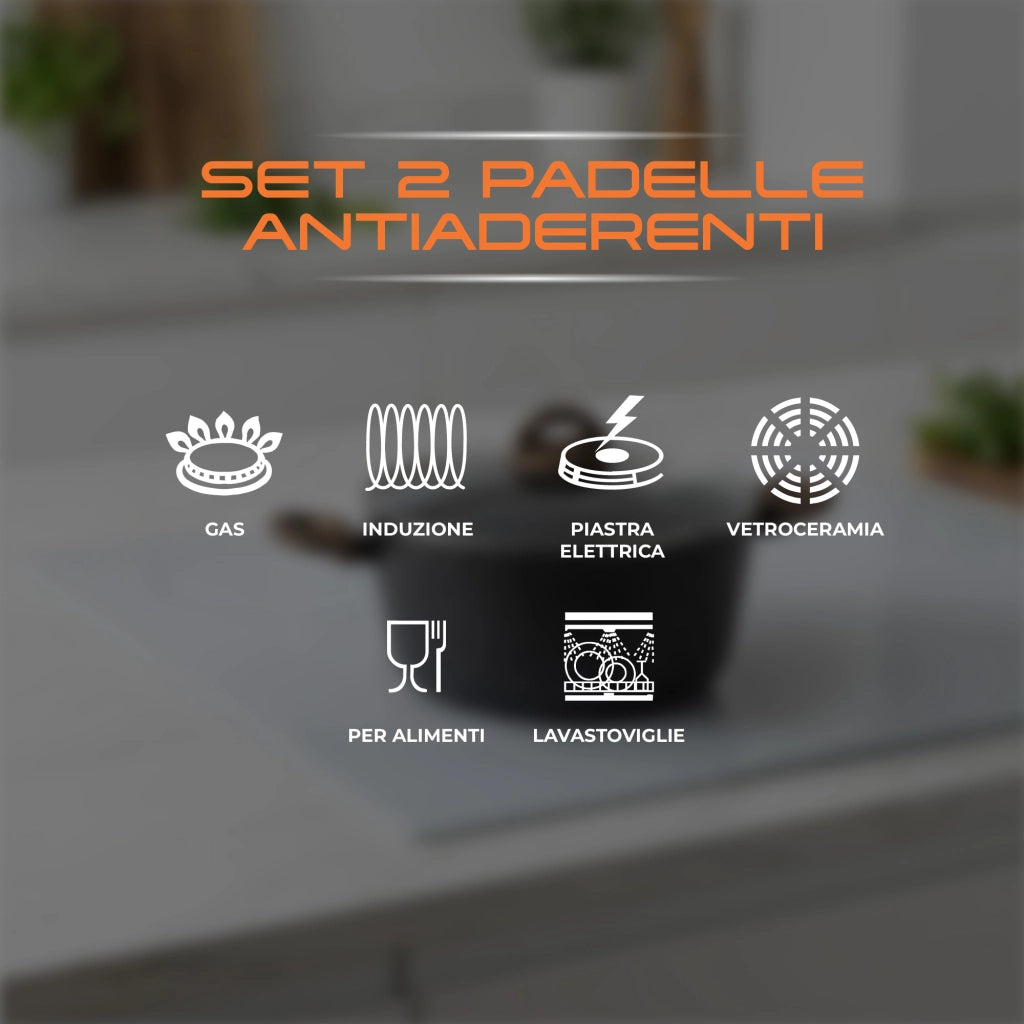 Set 2 Padelle Antiaderenti Induzione 24 cm e 28 cm Effetto Pietra Marble Padelle Compatibili Gas Vetroceramica Piano Elettrico Antiaderente con Manico Effetto Legno
