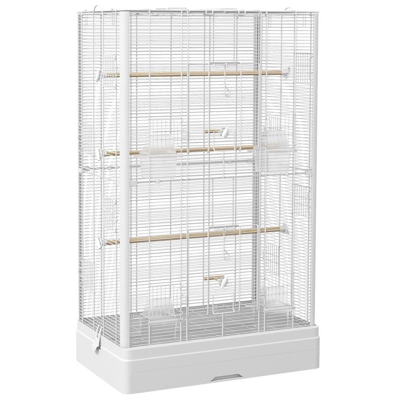 GABBIA PER UCCELLI CON VASSOIO ESTRAIBILE E POSATOI, VOLIERA PER PAPPAGALLI, 61X36.5X98 CM, BIANCO