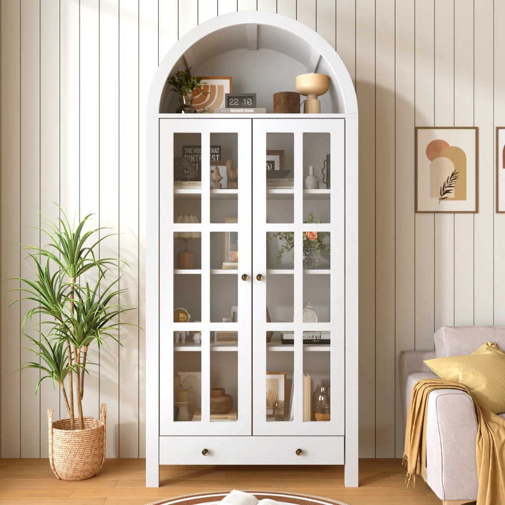 Vetrina ad arco con ripiani e 1 cassetto; per soggiorno; in MDF; 75×35×170.5 cm; bianco