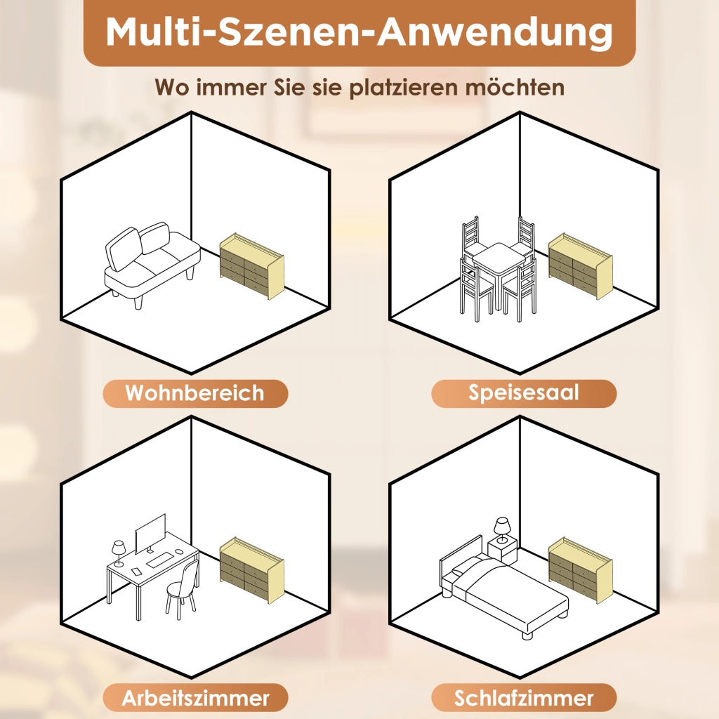 OKWISH Cassettiera Credenza con 6 Cassetti e 1 Vano Aperto, LED, Frontale Ondulato, per Soggiorno o Camera 120 x 40 x 75 cm