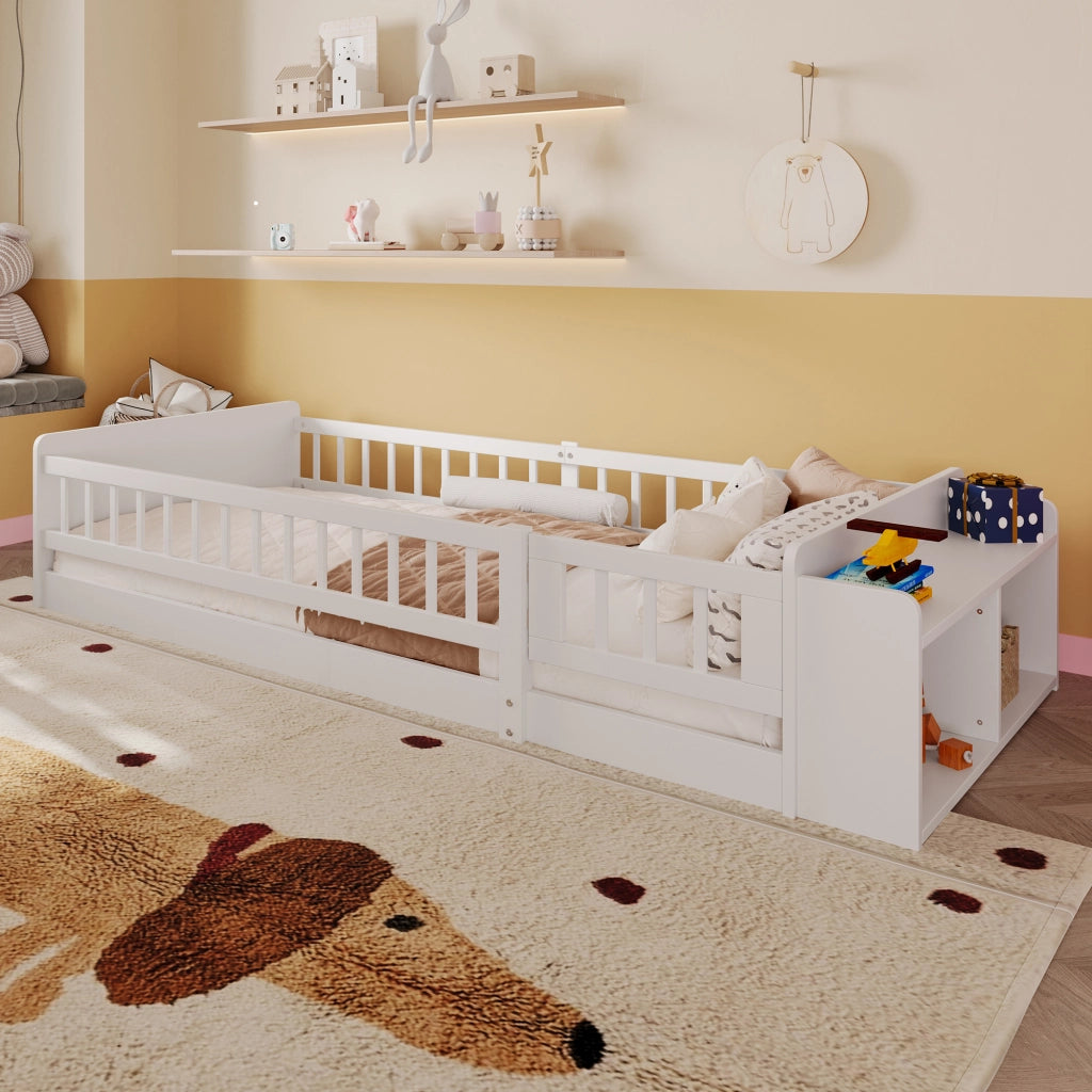 DESMIU Letto Bambino 90 × 200 cm 1 Posto con Vani Aperti, Ripiani e Sponda Apribile, Senza Materasso