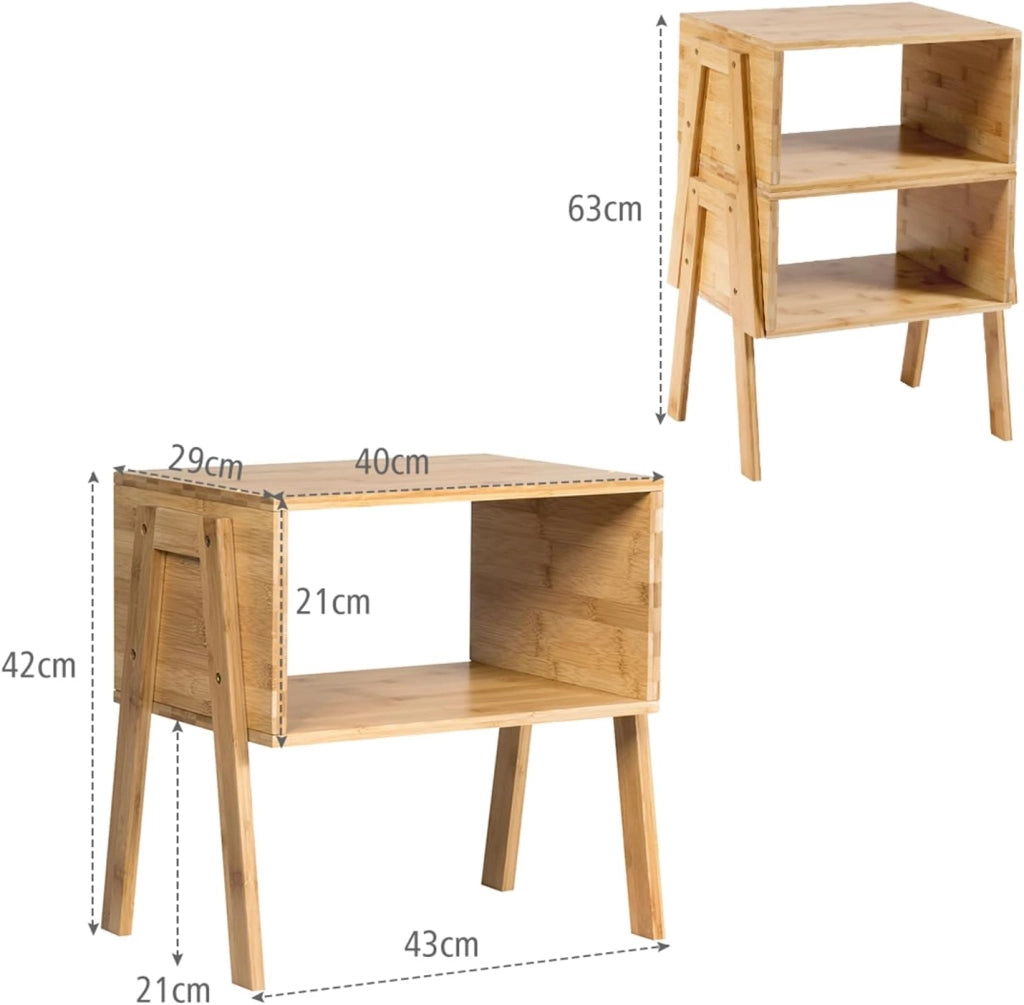 Set di 2 Tavolini da Salotto, Set di 2 Comodini in Bambù con 2 Ripiani Aperti e Gambe Robuste, Tavolini da Divano e Letto, 43 x 29 x 42cm