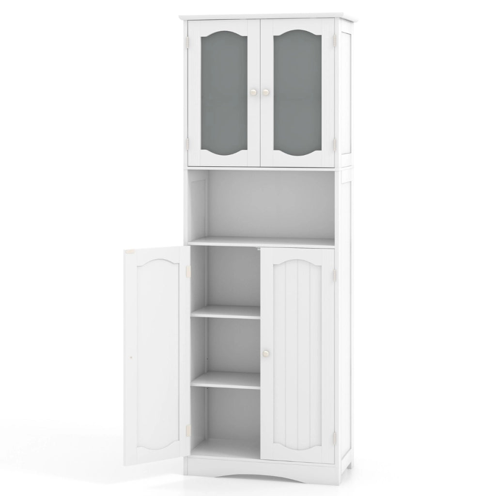 Armadio da bagno alto-Mobiletto da bagno 164cm con porte in vetro satinato e ripiani, Mobile autonomo per cucina soggiorno ufficio Bianco