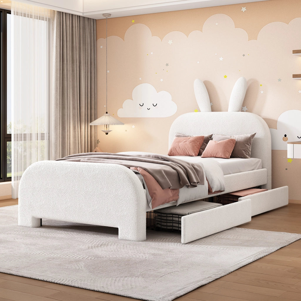 DESMIU Letto per Bambini 1 Posto con 2 Cassetti e Testiera Coniglio 90 × 200 cm, senza materasso, in Peluche e MDF, Bianco