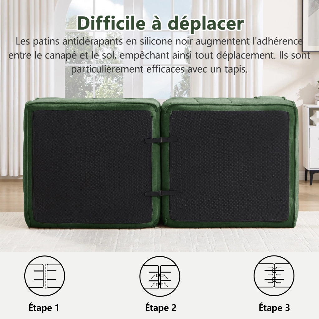 Divano modulare a U 3 posti con 2 pouf in poliestere verde; 271x162x67 cm