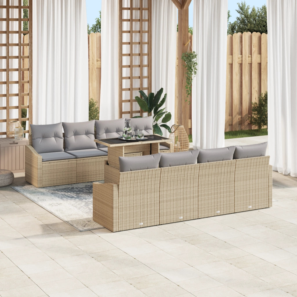 Set di Divani da Giardino 9 Pezzi con Cuscini Beige in Polyrattan