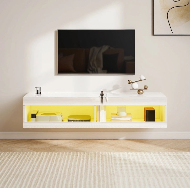 Mobile TV 140x40x30 cm con illuminazione LED RGB; legno; bianco lucido