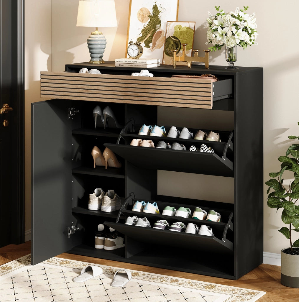 Scarpiere slim con cassetto; 2 ante a ribalta e vano laterale; 100x35x105 cm; nero e legno