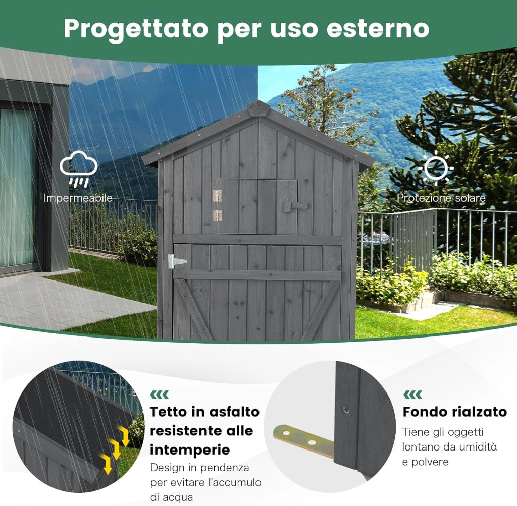 Armadio da Esterno in Legno, Capanno da Giardino con Serratura, Tavolo Pieghevole, Tetto Impermeabile, Ganci, Ripiani Rimovibili e 4 Staffe Metalliche, per Patio, Giardino e Cortile (Grigio)