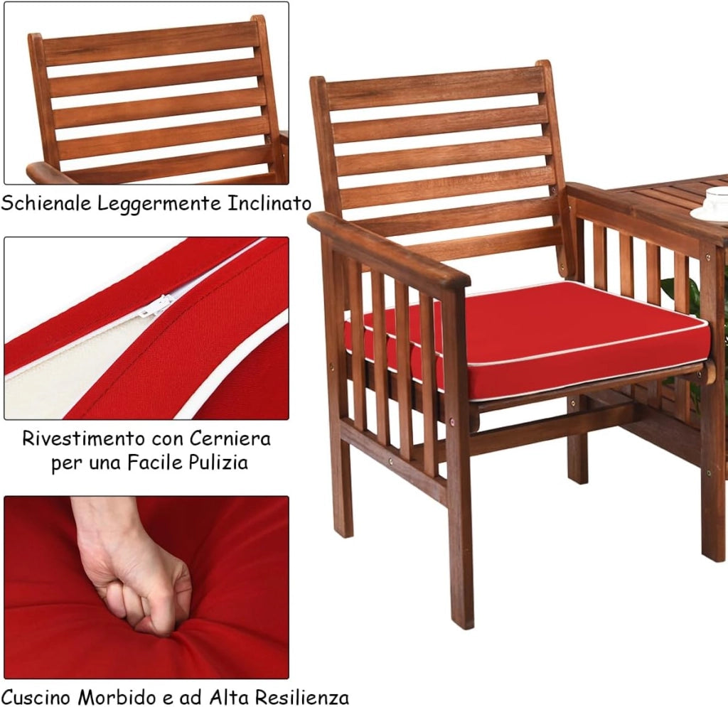 Set Tavolo e Sedia da Giardino con Foro per Ombrello, Set di Mobili a 2 Posti da Esterno in Legno di Acacia con Cuscini, per Giardino, Cortile e Bordo della Piscina (Rosso)