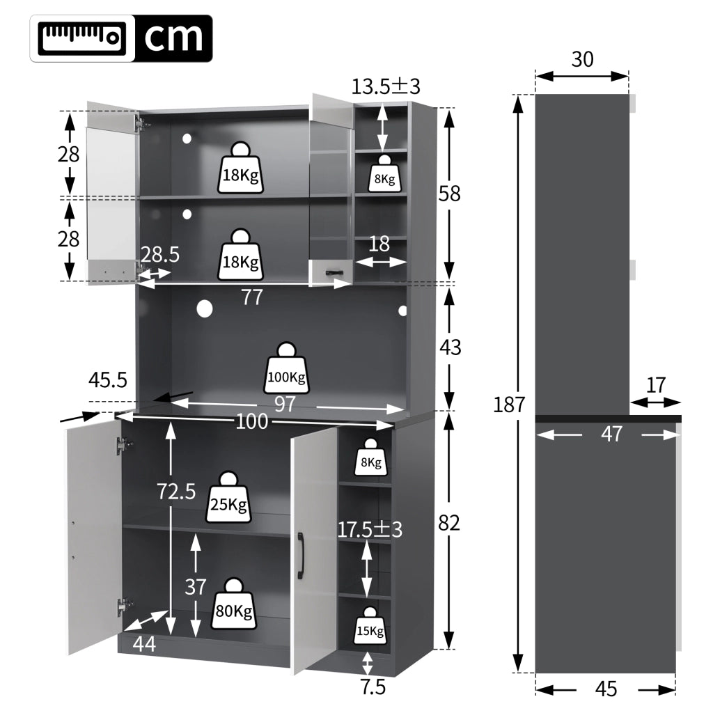 Credenza da cucina con LED, vetrina in vetro temperato, 2 ante e vani regolabili, per cucina, 100 × 47 × 187 cm