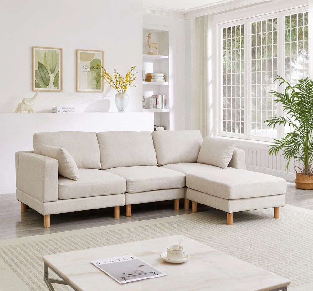 Divano Angolare 3 Posti con Poggiapiedi ¨C Xylo ¨C Beige, Tessuto Poliestere, Gambe in Legno Massello, 235x152x78 cm