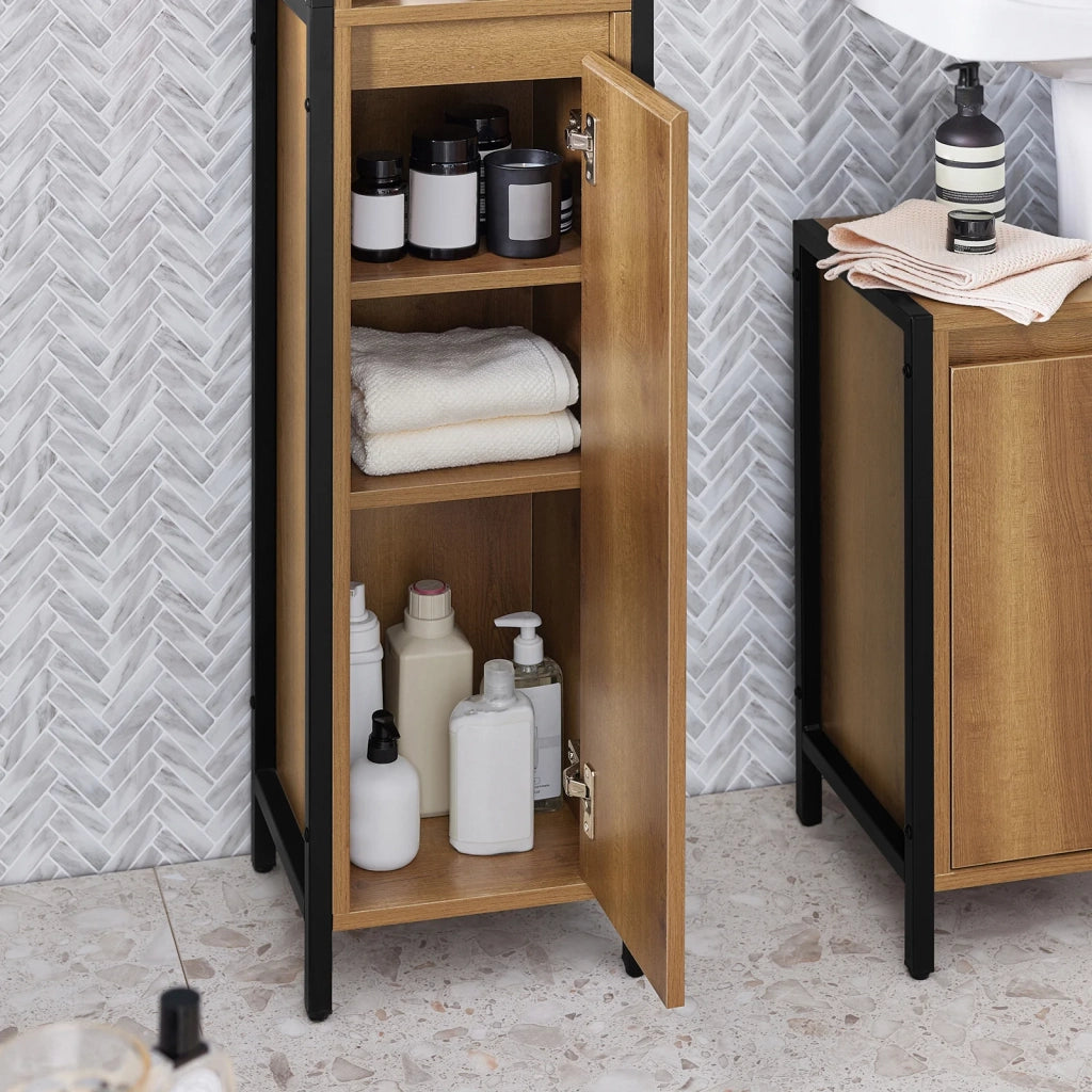 Mobiletto alto da bagno Mobile a colonna bagno salvaspazio con 3 scomparti a giorno e 1 anta vintage 30x28x168 cm BZR62-PF
