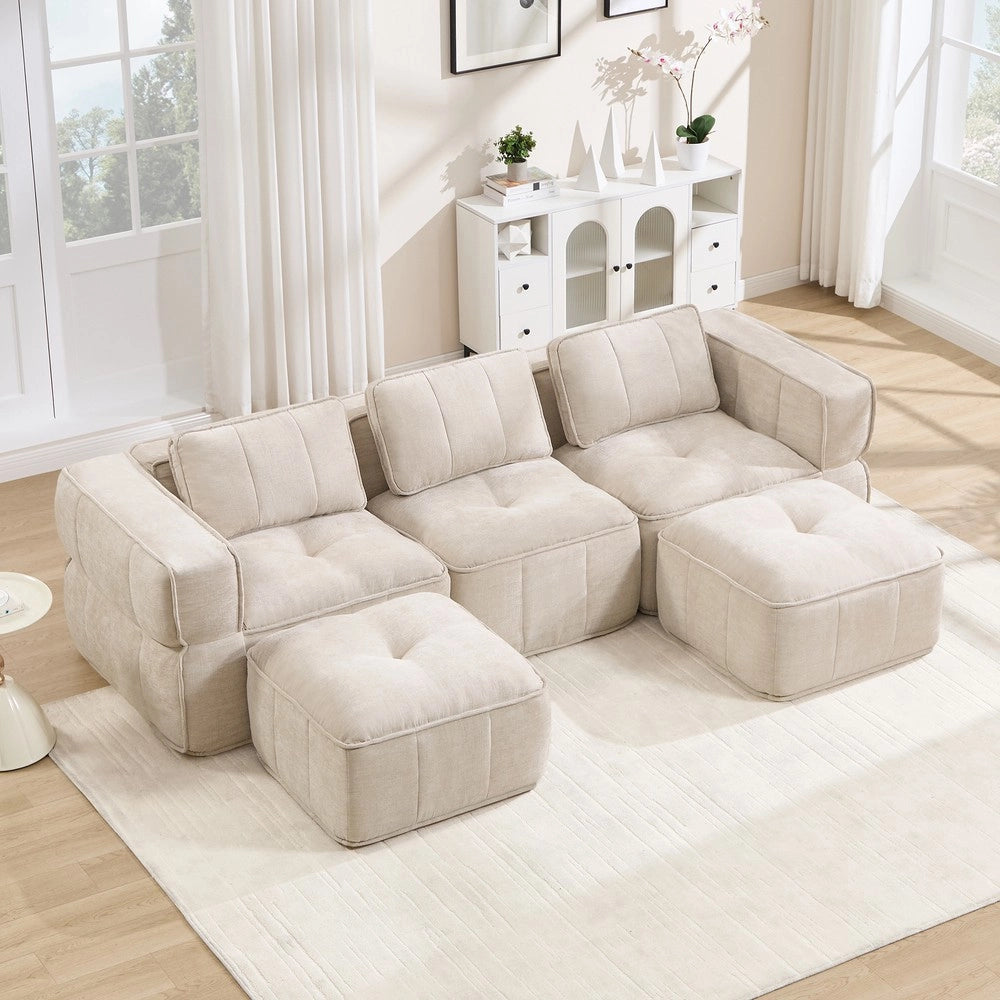 Divano 3 posti modulare con 2 poggiapiedi ¨C Minimal ¨C Beige, tessuto morbido