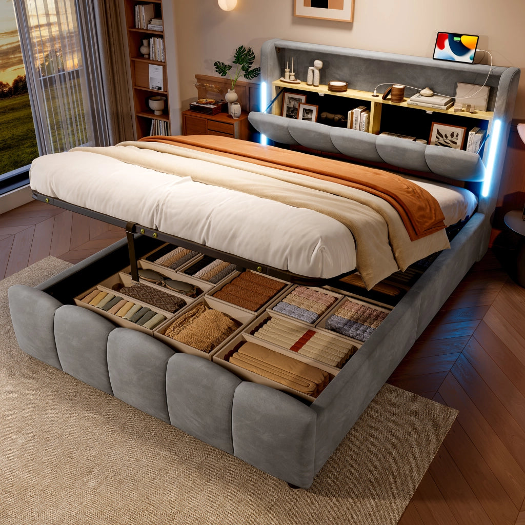 OKWISH Letto Contenitore 140×200 cm, Letto Matrimoniale con LED Regolabile, USB, Tipo C e Vano Contenitore in Testiera, senza Materasso, Velluto, Grigio
