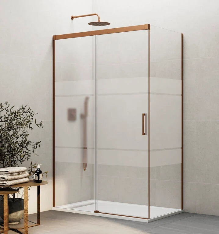 Box doccia angolare BASIC fisso + scorrevole + laterale fisso 110x80 cm (105-110/76,5-79) rame spazzolato vetro Frost