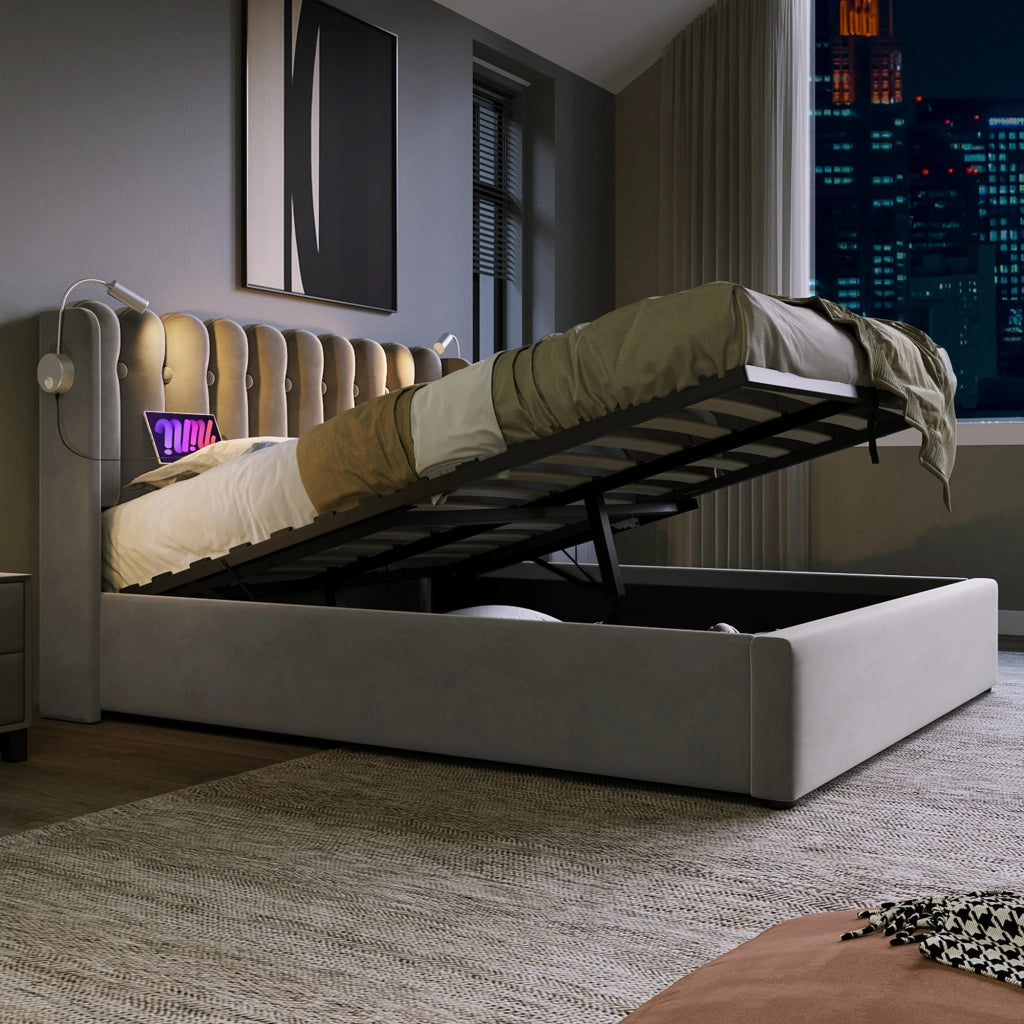 Letti contenitori 140x200 cm con contenitore; luce da lettura e ricarica USB; velluto grigio (Senza materasso)
