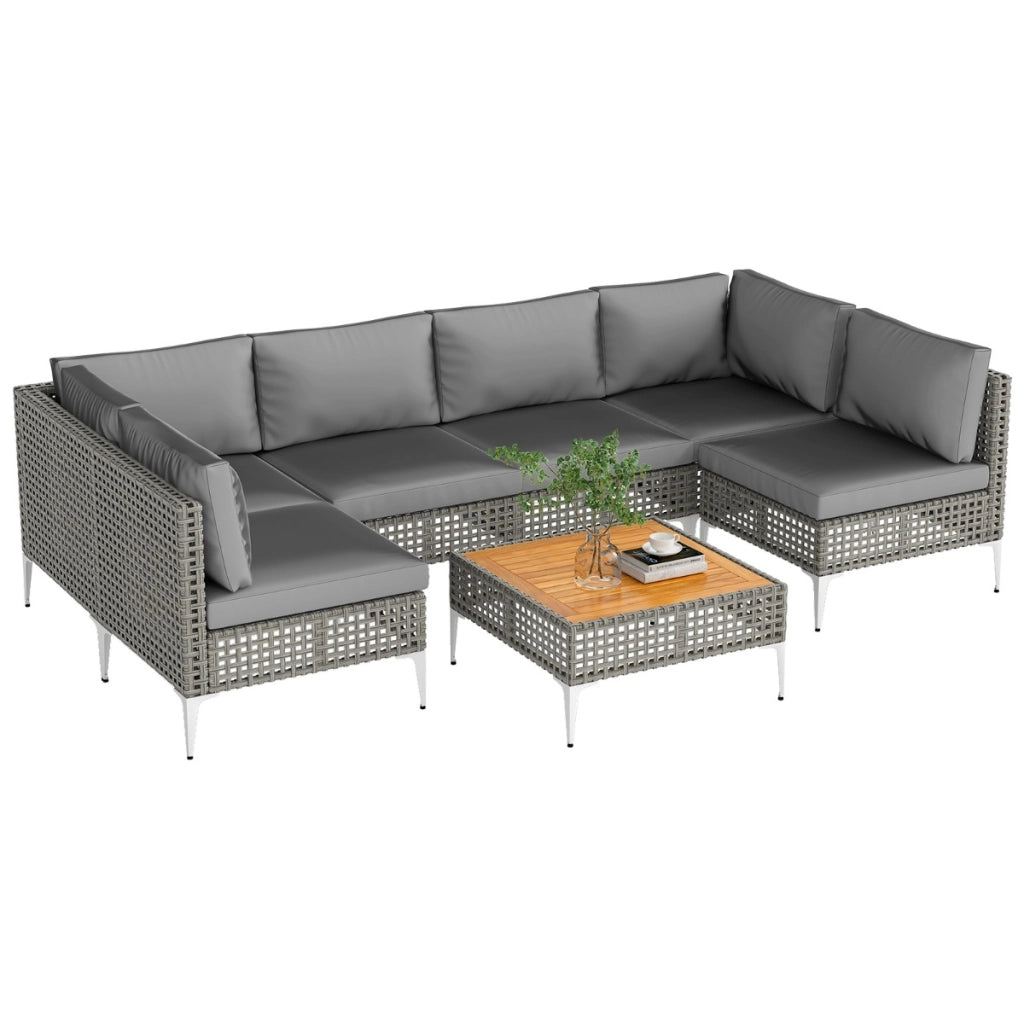 Set di mobili da giardino con divano sezionale in vimini e tavolino in legno di acacia, Set da conversazione in rattan Grigio-Set mobili da esterno