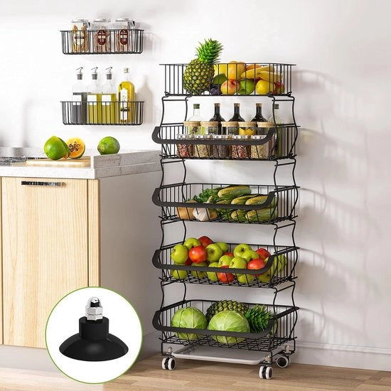 Carrello per verdure, contenitore per frutta e verdura, carrello per verdure, carrello per cucina con ruote bloccanti per cucina, annesso, garage, con 2 contenitori gratuiti (5 livelli)