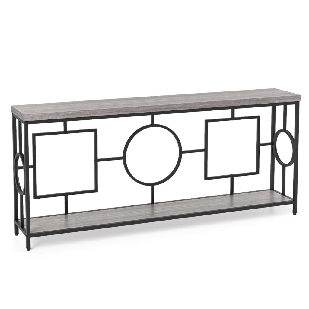 Tavolo consolle moderno a 2 ripiani stile mid-century-Tavolo consolle stretto per ingresso con struttura in metallo Marrone rustico e nero