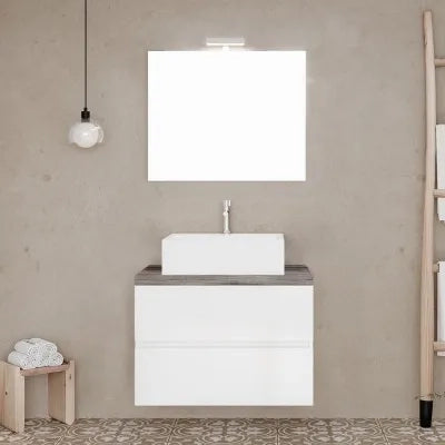 Mobile bagno sospeso 60 bianco top rovere fossile con specchio LED  Town