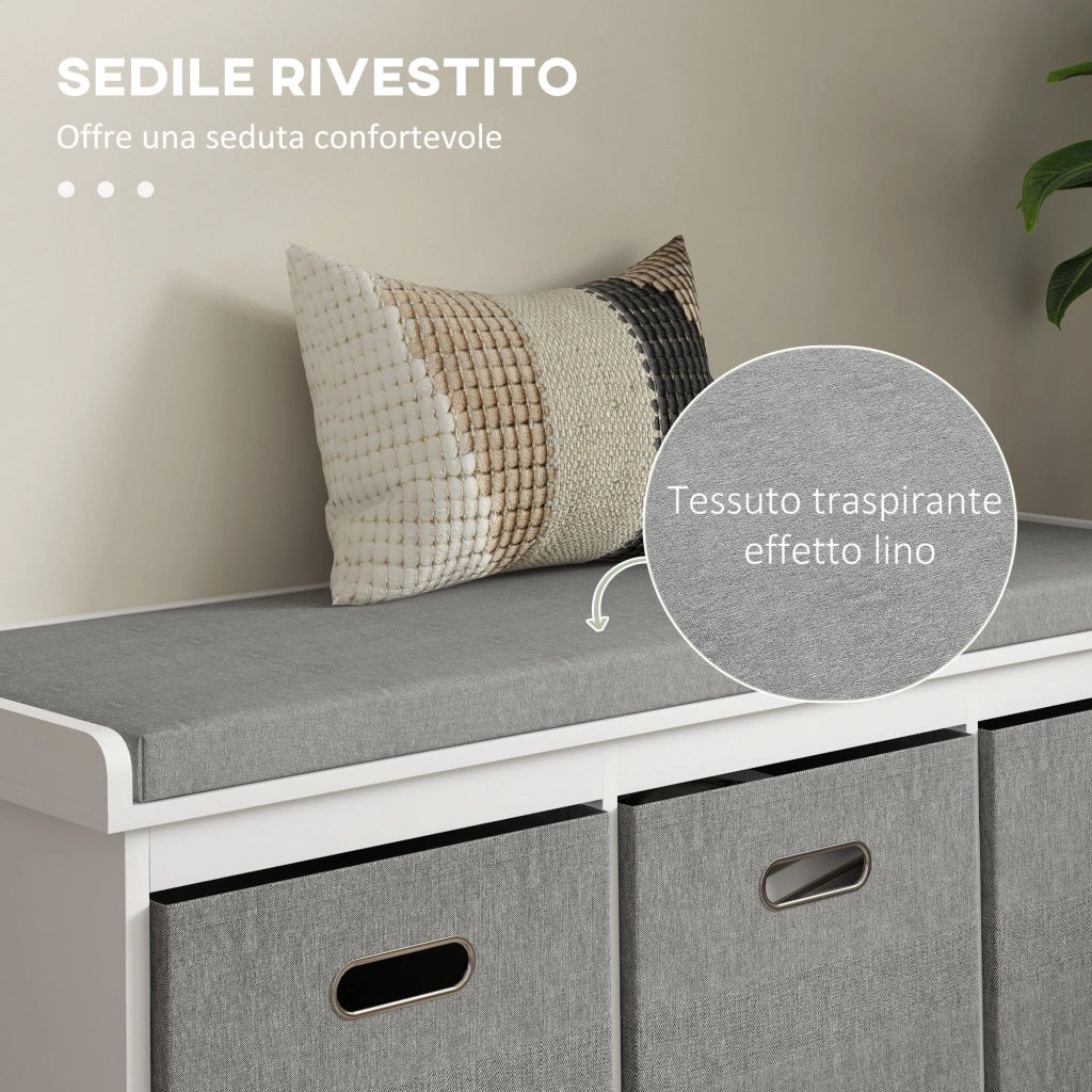 Panca Scarpiera 105x35x47 cm 3 Ceste e Seduta Imbottita in Legno Bianco e Grigio