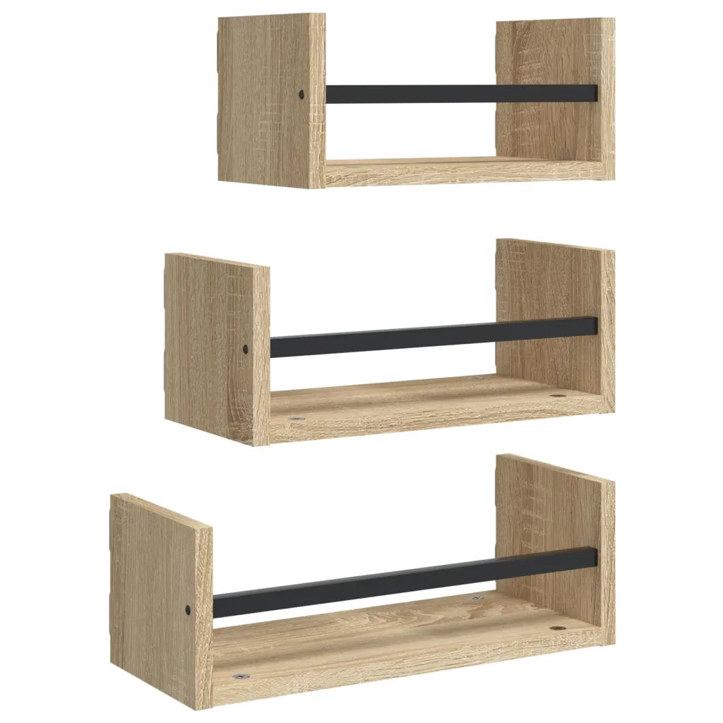 Set di 3 mensole da parete con barre in rovere Sonoma, legno ingegnerizzato 835445