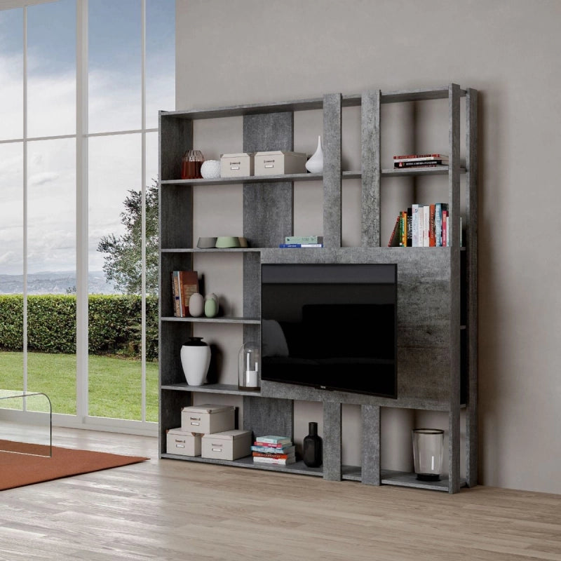 Composizione Libreria Kato 6R 2 fianchi 2 fasce lunghe 2 fasce corte 2 fasce medie pannello TV - Cemento,M