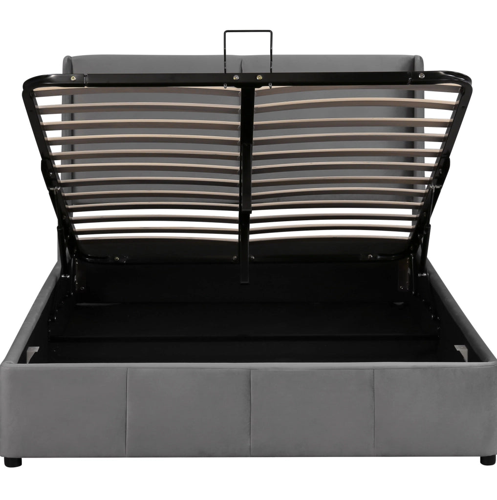 Letto imbottito con contenitore 140x200 in velluto grigio con rete a doghe
