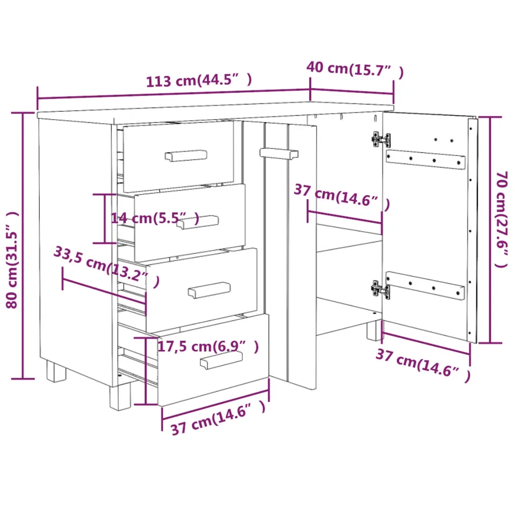Credenza HAMAR Grigio Scuro 113x40x80 cm Legno Massello di Pino 340446