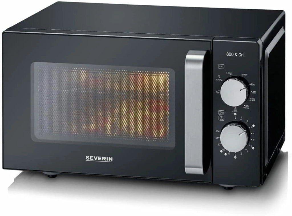 Severin forno a microonde 2 in 1 con fondo in ceramica e grill, capacità 20 l, forno a microonde per scongelare e riscaldare, con grande superficie utile per stoviglie quadrate, nero/acciaio inox, mw 7762
