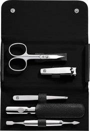 Manicure e pedicure set 5 pezzi in formato portatile con trimmer unghie con cassetta in pelle vera - acciaio inox lucidato nero