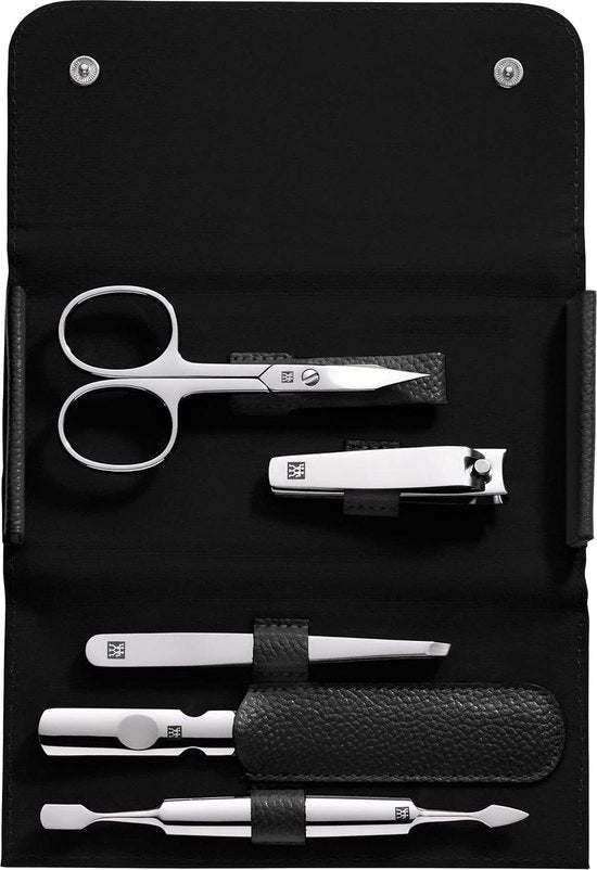 Manicure e pedicure set 5 pezzi in formato portatile con trimmer unghie con cassetta in pelle vera - acciaio inox lucidato nero