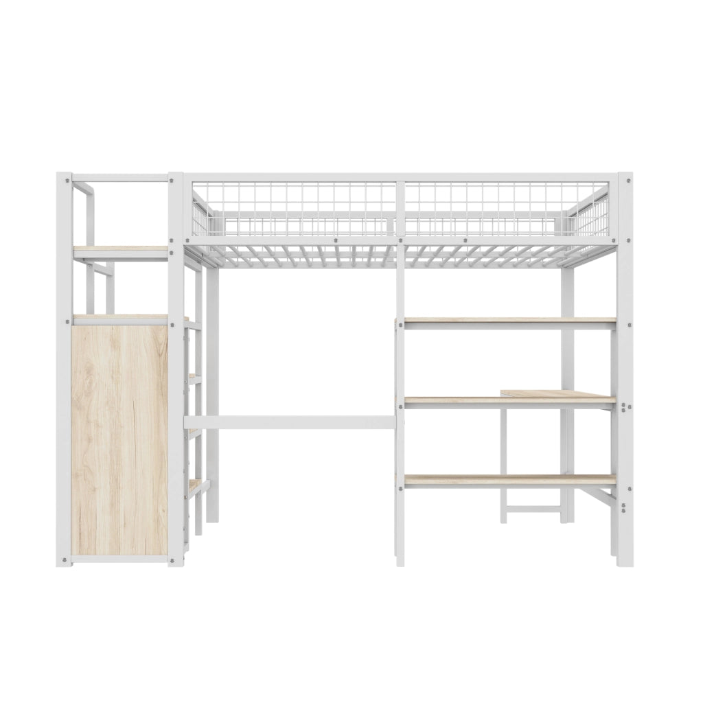 Letto a castello bianco in metallo e MDF con scrivania e armadio 140x200 cm