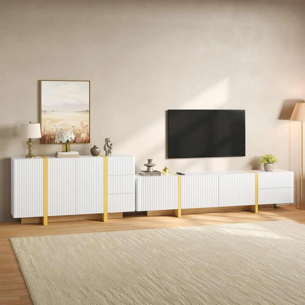 Combinazione mobile TV e sideboard bianca con frontali scanalati in MDF e pannello truciolare